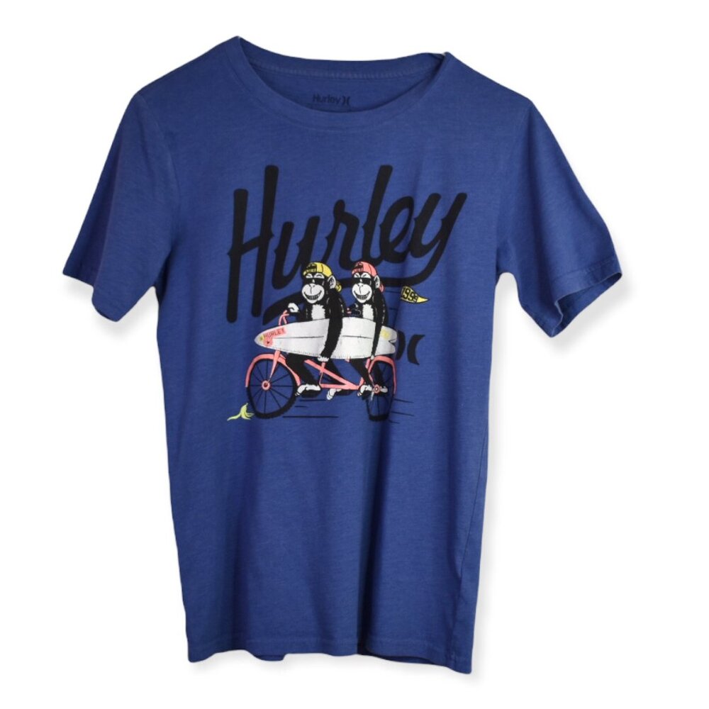 Hurley Shirt L Youth Blue Monkeys Graphic Crew Neck Short Sleeve Cotton Blend